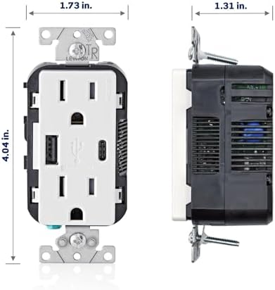 Leviton T5633-GY Type A & Type-C USB In-Wall Charger with 15A Tamper-Resistant Outlet, USB Charger for Smartphones and Tablets. Not for Laptops, Gray