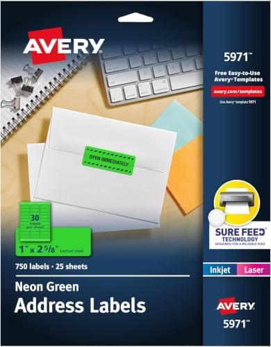 Avery Neon Green Address Labels, 1 x 2-5/8 inch | Printable | Sure Feed Technology | For Laser Printers | 750 Labels, Pack of 5