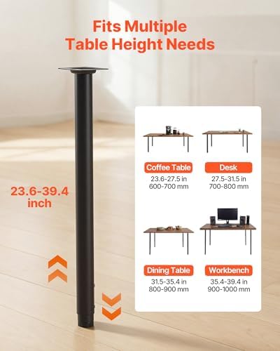VEVOR Adjustable Table Legs, 24-40 in Round Steel Furniture Legs, 1200 lbs Max Load Heavy Duty, Quick Installation, Ideal for Home Office Desk DIY, Coffee Dinner Bar Tables, Workbenches, 4 PCS, Black