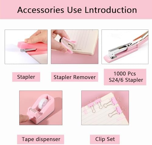 Office Supplies,Pink Desk Accessories,Office Supplies Set,Stapler and Tape Dispenser Set,Scissors,Staple Remover,Binder Clips,Staples,Ballpoint Pen,Index Tabs with Ruler,Clear Tape.9pcs for Office