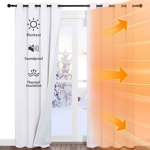 NICETOWN Sound Barrier 100% Blackout Divider Curtains 84", Noise, Heat and Cold Blocking Drapes with Felt Fabric Lining for Noise Reducing/Nursery/Daytime Sleep/Bedroom (White, 2 PCs, 52" Wide)