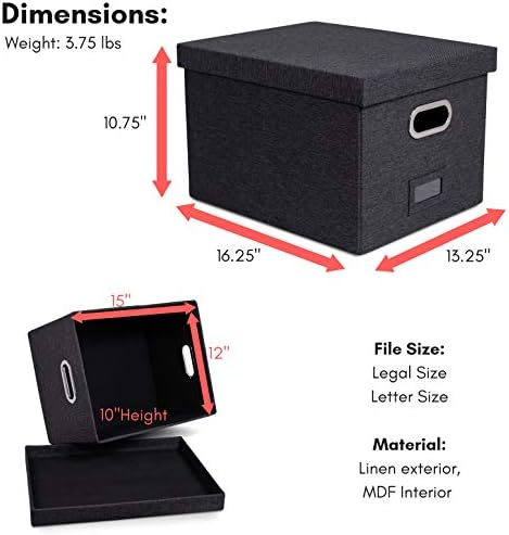 Internet's Best Collapsible File Storage Organizer with Lid - Decorative Linen Filing & Storage Office Box – Hanging Letter/Legal Folder – Home Office Bins Cabinet – Charcoal Container - 6 Pack