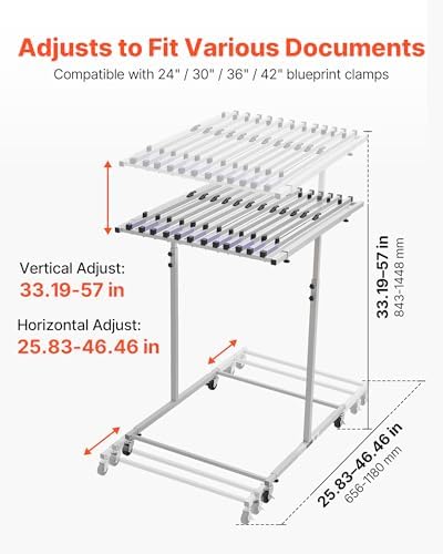 VEVOR Blueprint Storage Rack, Mobile Blueprint Holder with 12 Pivot Brackets, Plan Holder Adjustable Height & Length, Poster Display Rack for Office and Home (Rack Only Without Clamps)