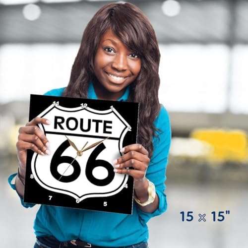 3dRose DPP_110012_3 Route 66, Black and White-Wall Clock, 15 by 15-Inch