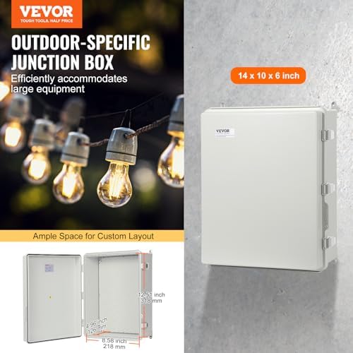 VEVOR Weather-Resistant Junction Box, Dimensions: 13.78 x 9.84 x 5.90 inches, Crafted from Durable ABS Plastic with a Secure Hinged Lid and Stainless Steel Lock, Offers IP67 Protection Against Dust
