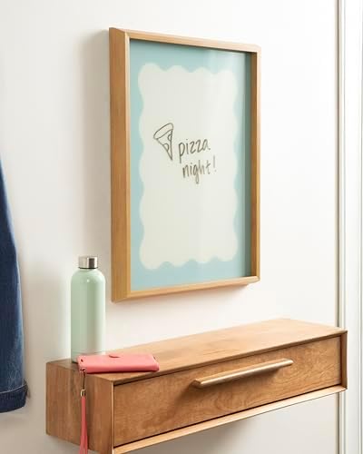 Kate and Laurel Framed Glass Dry Erase Art Parisien Blue Wavy Border Whiteboard for Wall by The Creative Bunch Studio, 18 x 24, Blake Natural Frame, Modern Contemporary, Dry Erase Art for Wall Decor
