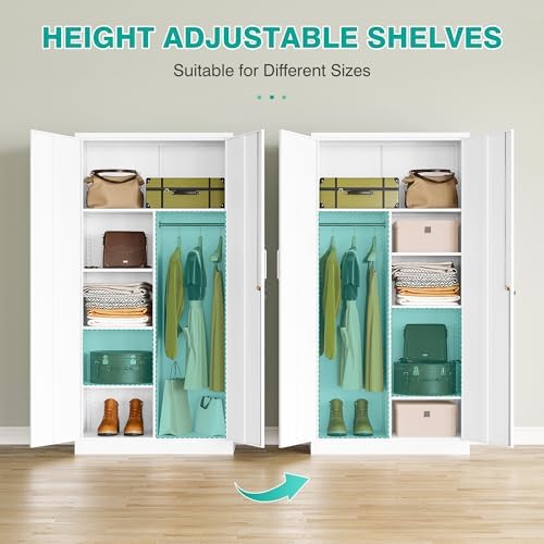 White Wardrobe Cabinet with Lock and Hanging Rod,72" Armoire Closet with Shelf,Lockable Storage Locker,Metal Storage Cabinet with Locking Doors,Steel Wardrobe for Home,Bedroom,Office,Employee,Shop