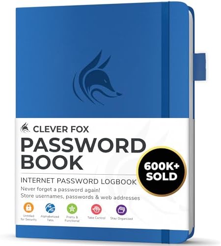 Clever Fox Password Book with Alphabetical Tabs, 4"x5.5" Keeper Royal Blue