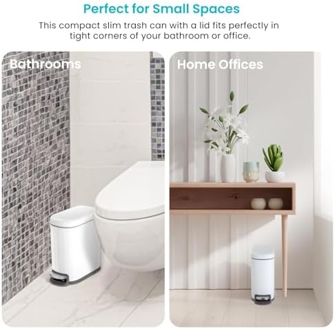 Home Zone Living 3-Pack 1.3 Gallon Small White Bathroom Trash Can with Lid and Step Pedal, Stainless Steel Wastebasket with Slim Ribbed Design for Home and Office, 5 Liters