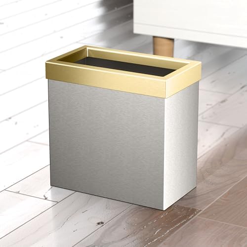Gatco Small Bathroom Trash Can with Lid, Rectangle 3 Gallon Stainless Steel Wastebasket, Under Sink, Satin Nickel and Brushed Brass, for Bathroom, Bedroom, Office (1917B)