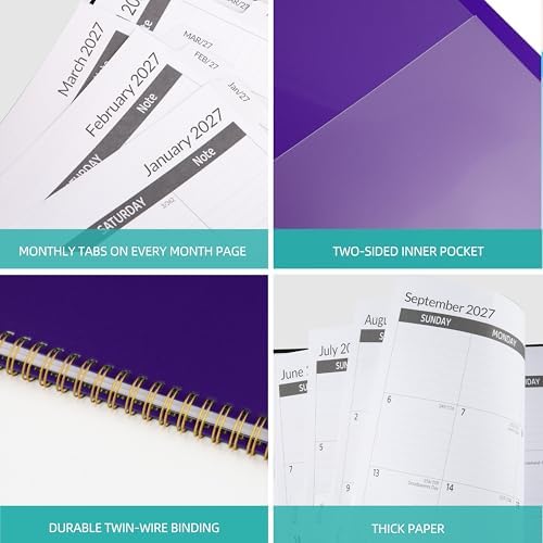 2027-2031 Monthly Planner, 5 Year Monthly Planner/Calendar 2027-2031, 60-Month Jan 2027 – Dec 2031, 9" x 11", Tabs, Double-Side Pocket, Holidays, Thick Paper - Purple