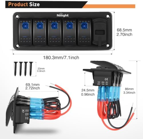 Nilight 5 Gang Rocker Switch Panel with 4.8 Amp Dual USB Charger Voltmeter