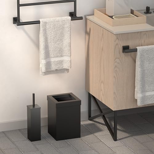 Gatco Small Bathroom Trash Can with Lid and Toilet Brush Set, Square 3 Gallon Stainless Steel Wastebasket, Under Sink, Matte Black, for Bathroom, Bedroom, Office (2972)