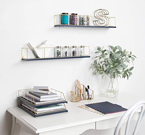 Kate and Laurel Benbrook 24 inch 2-Pack Wood and Metal Floating Wall Shelves, Blue and Gold