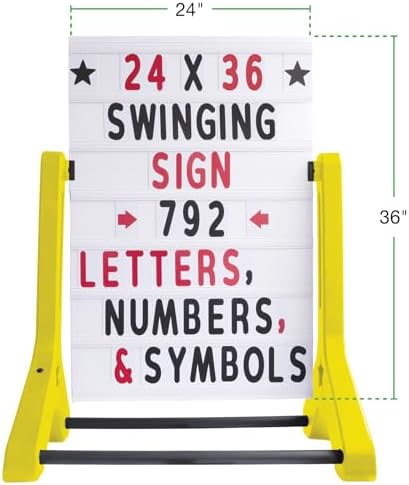 Swinging Changeable Message Sidewalk Sign 24″ x 36″ – Outdoor Advertising Sign Board with 792 Pre-Cut Double-Sided Letters & Storage Box – Heavy-Duty, Rust-Resistant Sidewalk Display for Businesses & Events (Yellow Legs)