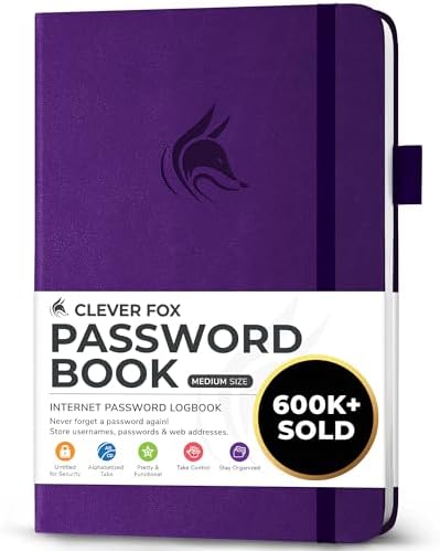 Clever Fox Password Book with Alphabetical Tabs, 5.3"x7.7" Keeper Purple