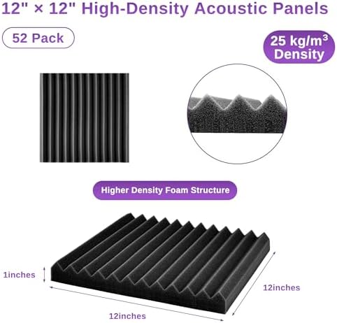 Acoustic Foam Panels for Walls, 52 Pack Sound Proof Foam Panels, 12" x 12" x 1" High Density Sound Dampening Panels for Recording Studio, Gaming Room & Home Theater (BLACK)