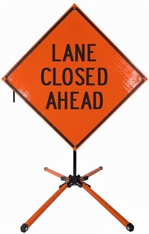 Traffic Roll-Up Sign Kit with Stand – Collapsible Safety Sign & Heavy-Duty Portable Stand, High Visibility, Easy Setup (Lane Closed Ahead, Reflective)