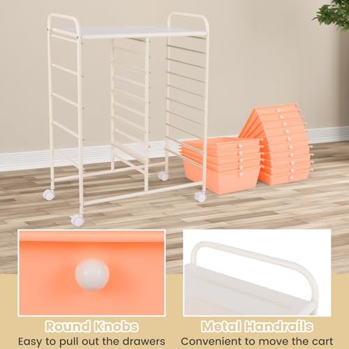 COSTWAY 15 Drawer Rolling Storage Cart, Mobile Utility Cart with Lockable Wheels, Drawers, Multipurpose Organizer Cart for Home, Office, School, Peach