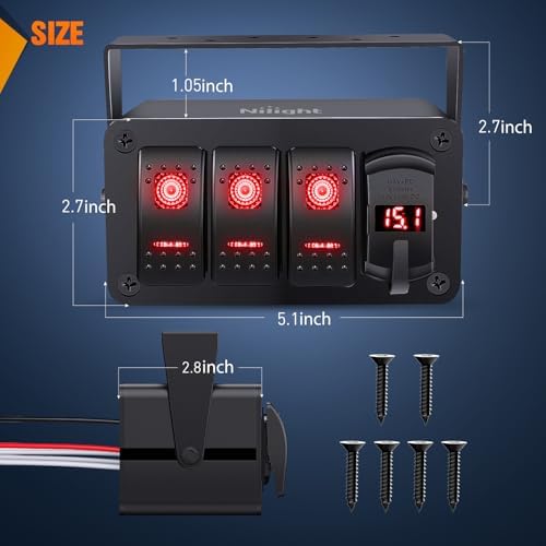 Nilight 3 Gang Rocker Switch Box 12V SPST ON Off Toggle Switches PD Type C and QC 3.0 USB Charger Voltmeter LED Light Waterproof Aluminum Mount Bracket Panel DIY Stickers for Boat Car RV Truck