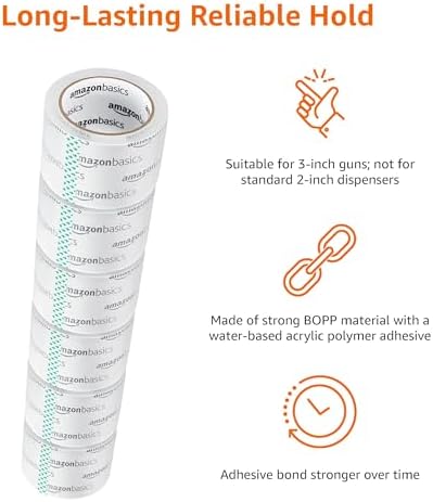 Amazon Basics 2.83 Inch Wide Packing Tape, Fits 3-Inch Dispensers, Crystal Clear, Low Odor, for Moving, Storage, Shipping and Sealing Boxes, 54.6 Yards, 12-Pack