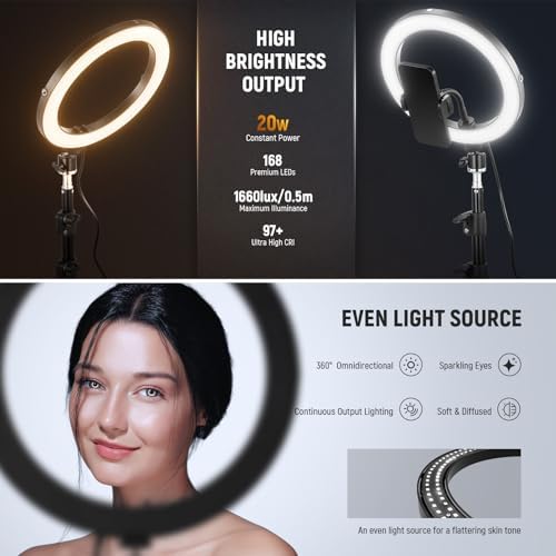 NEEWER 10" 20W High Power LED Ring Light for Phone with 71" Tripod Stand, Bi Color Ringlight, Phone Holder Compatible with iPhone for Video Recording Selfie Makeup Studio Live Streaming TikTok, RH10B