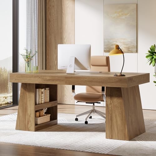Tribesigns 55-Inch Executive Desk with Drawer, Large Office Computer Desk with Double Pedestal and Storage Shelves, Farmhouse Wooden Writing Table Workstation Business Furniture for Home Office, Brown