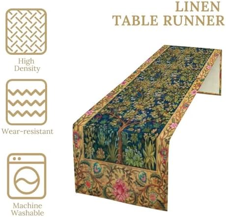 William Morris Table Runner, Boho Rustic Ethnic Tree of Life Flower Original Design Print Table Runner for Home Party Dining Room Kitchen Decor 13x108 Inch