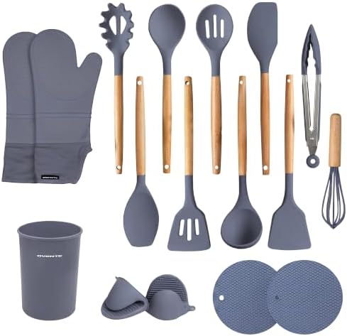 OVENTE Silicone Cooking Utensils Set, 17pcs, Heat Resistant, Grey SPS17G