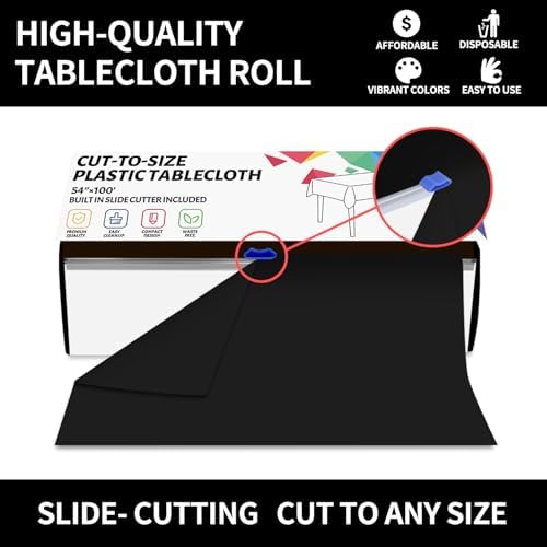 CXPSINC 54 Inch X 100 Feet Plastic Table Cover Roll Disposable Tablecloth with Slide Cutter for All Type/Shape Tables | Party, Banquet, Birthdays, Weddings(Black, 100 Feet)