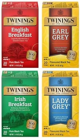 Twinings Variety Pack Black Tea Bags, 20 Count (Pack of 4), Includes English Breakfast, Earl Grey, Irish Breakfast, and Lady Grey, Caffeinated, Enjoy Hot or Iced, 80 Teabags
