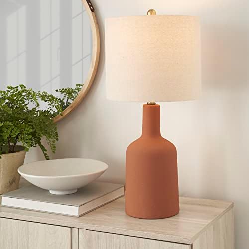 Nourison Home 22" Terracotta Orange Ceramic Table Lamp with Oatmeal Linen Shade for Modern Farmhouse, Bedside Lamp, Living Room Lamp, Small Accent Lamp for Dining Room