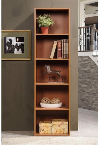 Pemberly Row 5-Shelf Wooden Bookcase, Cherry Finish, 59.06 in H x 15.91 in W x 11.77 in D, Slim Vertical Multi-Purpose Design, Contemporary Style for Bedroom, Office, Living Room Storage