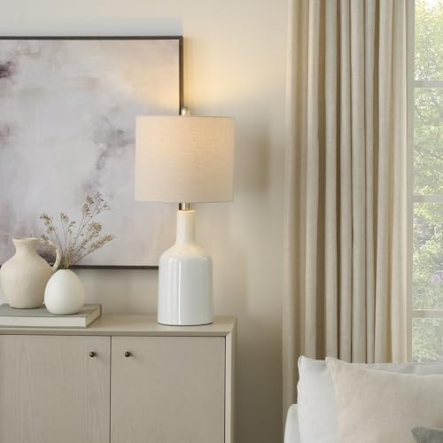 Nourison Home 22" White Glossy Ceramic Table Lamp with Oatmeal Linen Shade for Modern Farmhouse, Bedside Lamp, Living Room Lamp, Small Accent Lamp for Dining Room