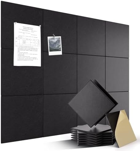 Large Felt Bulletin Board 48" x 36" Self Adhesive Cork Board Alternative 12 Pack Felt Wall Tiles Cork Boards For Walls Thick Slat Wall Panels For Home Office Classroom Decor Pin Board-Black