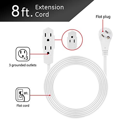 GE 3-Outlet Flat Extension Cord 8 Ft Grounded Extension Cord
