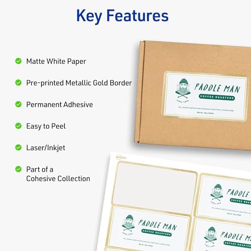 Avery Printable Rectangle Labels, 2" x 4" Blank Labels, Shipping, Matte White, Metallic Gold Border, Permanent Adhesive, Laser/Inkjet Printable, 100 Total (6506)
