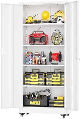 Greenvelly 73" Metal Storage Cabinet with Wheel, Lockable White Metal Garage Cabinets with 2 Doors and 4 Adjustable Shelves, Rolling Steel Tool Cabinet for Garage, Home Office, School