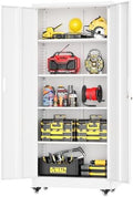 Greenvelly 73" Metal Storage Cabinet with Wheel, Lockable White Metal Garage Cabinets with 2 Doors and 4 Adjustable Shelves, Rolling Steel Tool Cabinet for Garage, Home Office, School