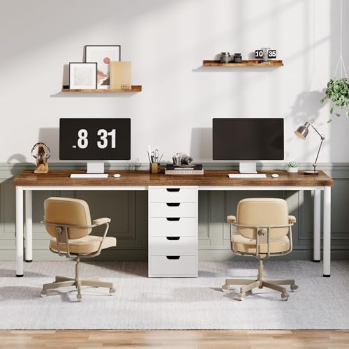 Tribesigns Two Person Computer Desk with 5 Drawers, 78.7 Inches Extra Long Double Office Desk, Modern Simple Double Computer Desk Study Writing Table Workstation for Home Office(Brown/White)