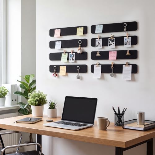 Thboxes 8 Pack Felt Bulletin Board Strips, 13x2 Inch Self Adhesive Felt Pin Boards with 50 Pushpins and 10 Wooden Clips Push Pins, Cork Board for Walls Home Office Decor(Black)