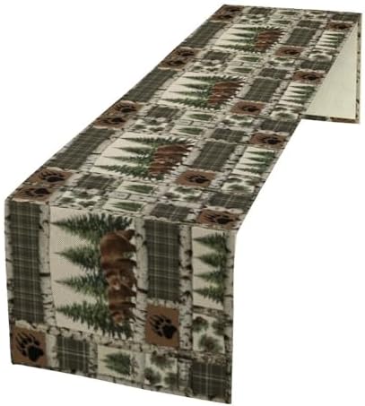 Vintage Rustic Cabin Moose Deer Bear Table Runner, Retro Bear Cottage Country Style Cabin Farmhouse Dinner Runner for Home Kitchen Dining Table Decoration 13"x90"