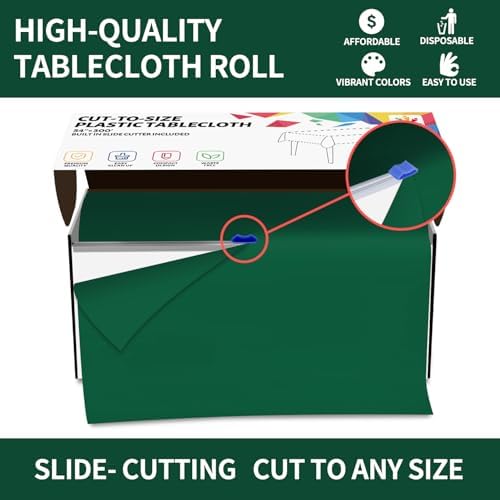 CXPSINC 54 Inch X 300 Feet Plastic Table Cover Roll Disposable Tablecloth with Slide Cutter for All Type/Shape Tables | Party, Banquet, Birthdays, Weddings(Green, 300 Feet)