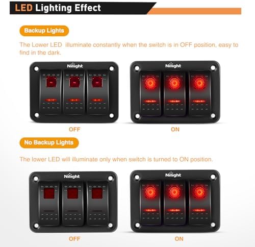 Nilight - 90019C 3 Gang Aluminum Rocker Switch Panel Toggle Dash 5 Pin ON/Off Pre-Wired Rocker Switch Red Backlit Switch for Automotive Car Marine Boat RV,2 Years Warranty