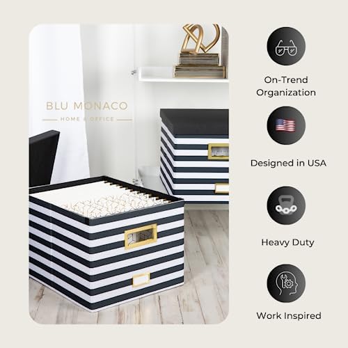 BLU MONACO | Decorative Hanging File Box with Lid | File Bins with Lids for Desk Storage | Desktop Hanging File Organizer for Legal Letter Folders Black White