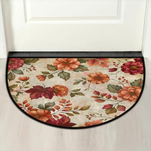 Autumn Flowers Half Round Door Mat Non Slip Washable Semi Circle Area Rug Absorbent Soft Half Moon Rug Floor Mat for Indoor Outdoor Kitchen Bathroom Patio Front Door Mat Decor