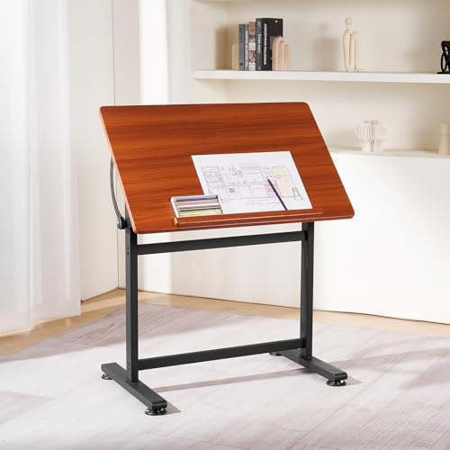 VEVOR Drafting Table, Adjustable 0°–90° Tilt Drawing Desk, Portable Artist Table with Black H-Frame and Brown Desktop, Wooden Painting Desk Craft Workstation for Reading, Writing, Crafting, Meeting