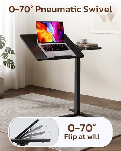 Simple Deluxe Standing Rolling Desk with Hidden Casters, Height Adjustable Pneumatic Mobile Laptop Desk, Tilting Bedside Table for Laptop, Overbed Bedside Table Hospital Home Use, Black