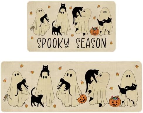 Ghost Black Cat Halloween Kitchen Rugs and Mats Set of 2, (17"x47"+17"x30") Gothic Cute Spooky Season Pumpkin Trick Or Treat Non Skid Washable Runner Rugs for Home Decor Decorations and Accessories