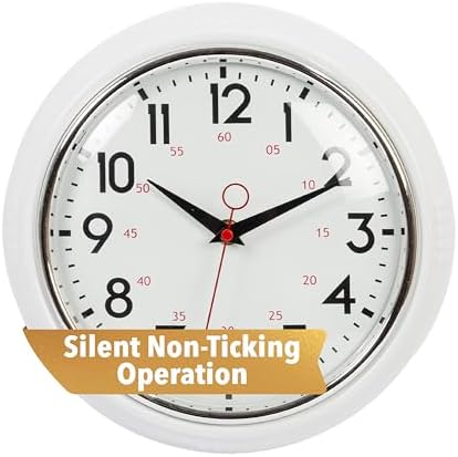 Kiera Grace Retro Wall Clock, Silent Non-Ticking Design, Battery Operated, Vintage Home Decor for Living Room, Bedroom, Kitchen, Office, White, 9.5"